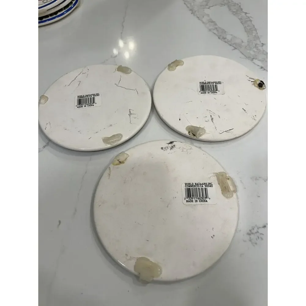 Vtg World Bazaars 3 Fruit Ceramic Glazed White Trivets Blue Rim Chinoiserie 6.5”